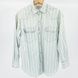 Vintage 80s Guess Jeans Light Blue White Striped Cotton Western Shirt